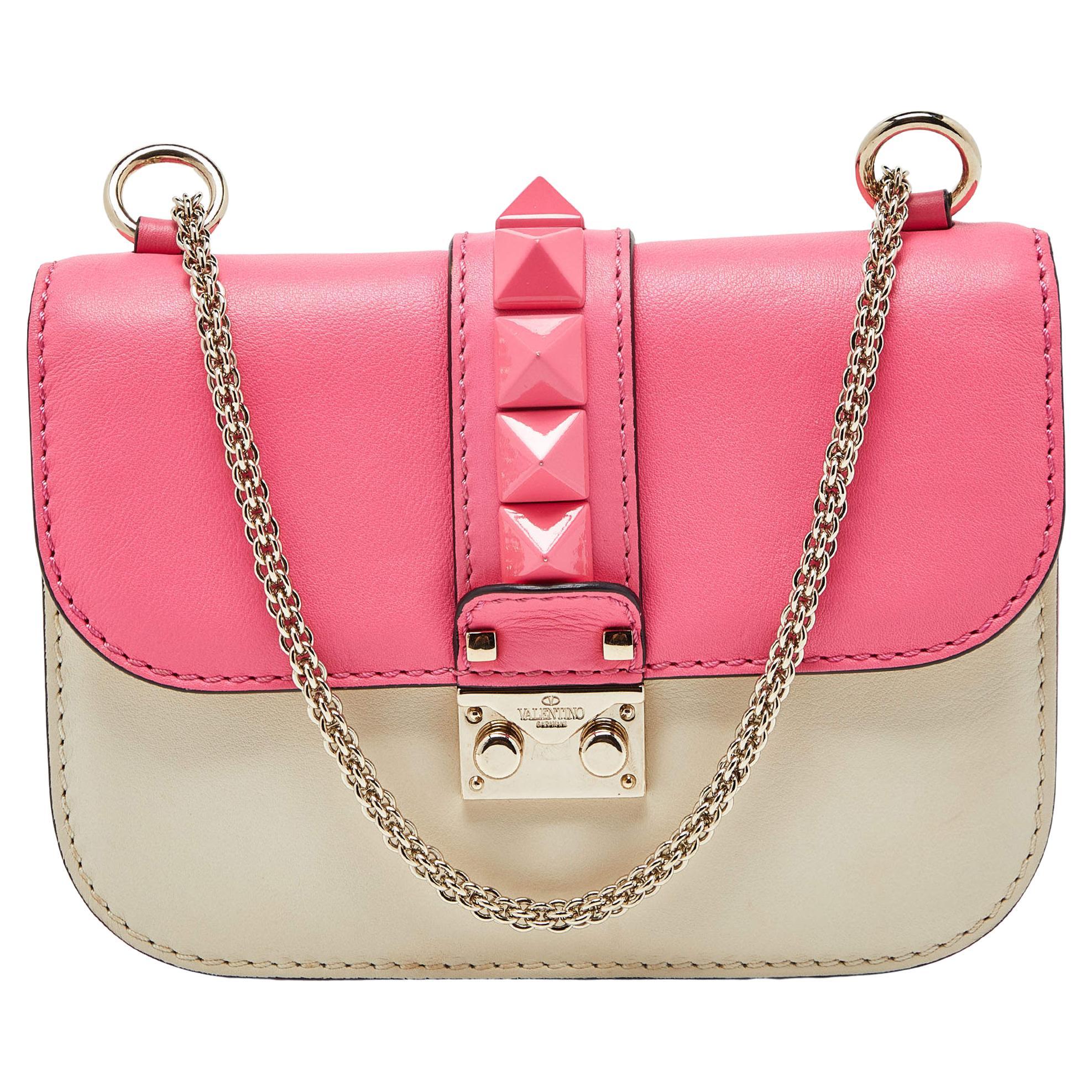 Tænke parfume data Valentino Pink/Cream Leather Small Rockstud Glam Lock Flap Bag For Sale at  1stDibs