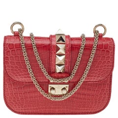 Valentino - Petit sac à bandoulière en cuir crocodile rose Glam Lock