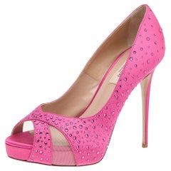 Valentino Pink Crystal Embellished Satin And Mesh Peep Toe Pumps Size 38