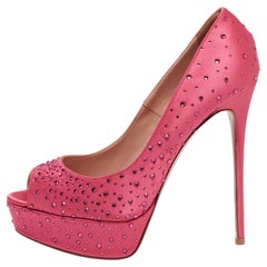 Valentino Pink Crystal Embellished Satin Peep Toe Platform Pumps Size 38.5