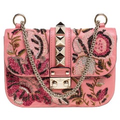 Valentino Pink Embroidered Embellished Leather Small Rockstud Glam Lock Flap Bag