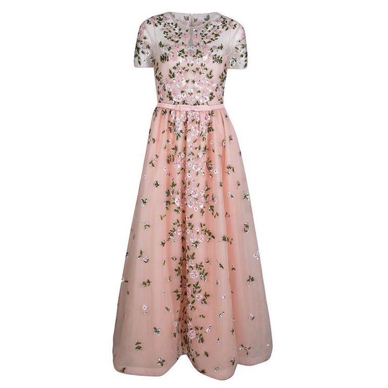 Valentino Pink Floral Embellished Belted Tulle Gown M For Sale at ...