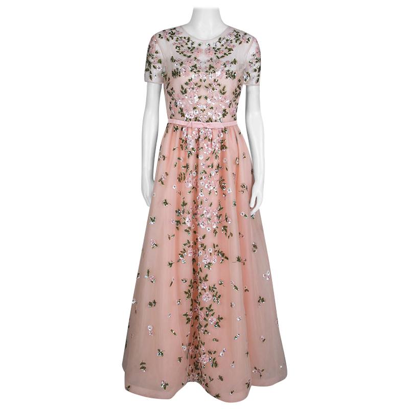 Valentino Pink Floral Embellished Belted Tulle Gown M