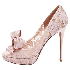 Valentino Pink Floral Lace And Satin Bow Peep Toe Platform Pumps Size 39
