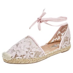 Valentino Pink Floral Lace Espadrille Ankle Wrap Flats Sandals Size 37