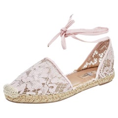 Valentino Pink Floral Lace Espadrille Ankle Wrap Flats Sandals Size 37