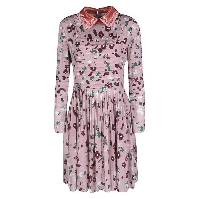 Valentino Pink Floral Print Contrast Applique Collar Pintuck Detail ...