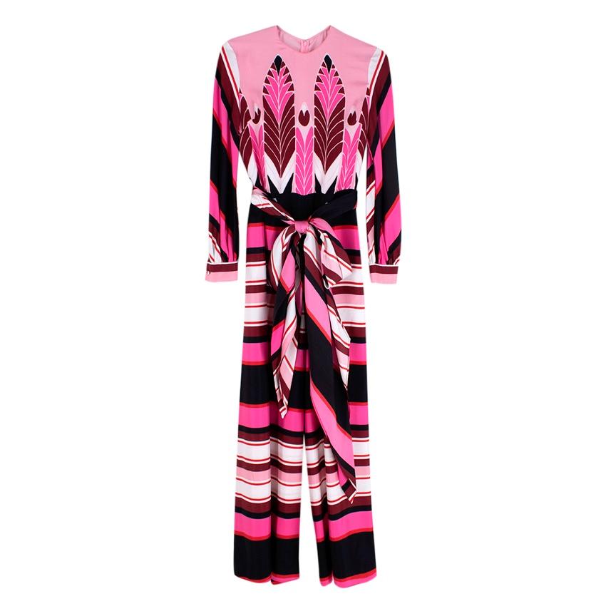   Valentino Pink Geometric Feather Print Silk Jumpsuit 
 

 - Resort 2020
 - Vibrant pink hues crafted from flowing silk crepe 
 - Self-tie cinched waist, round neck, long sleeve and wide leg
 - Concealed back zip
 

 Materials 
 100% Silk 
 Lining
