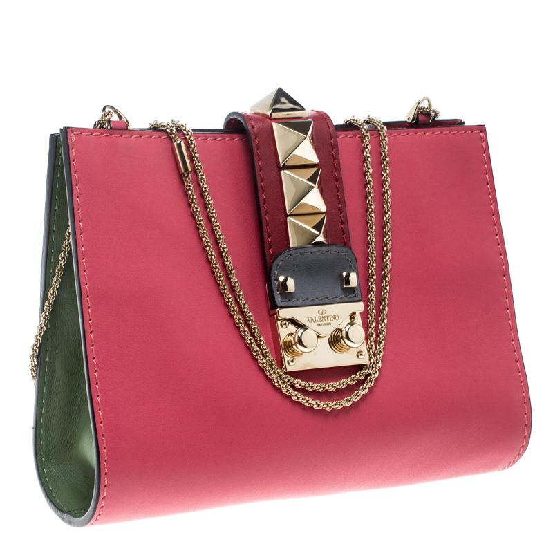 Brown Valentino Pink/Green Leather Chain Clutch