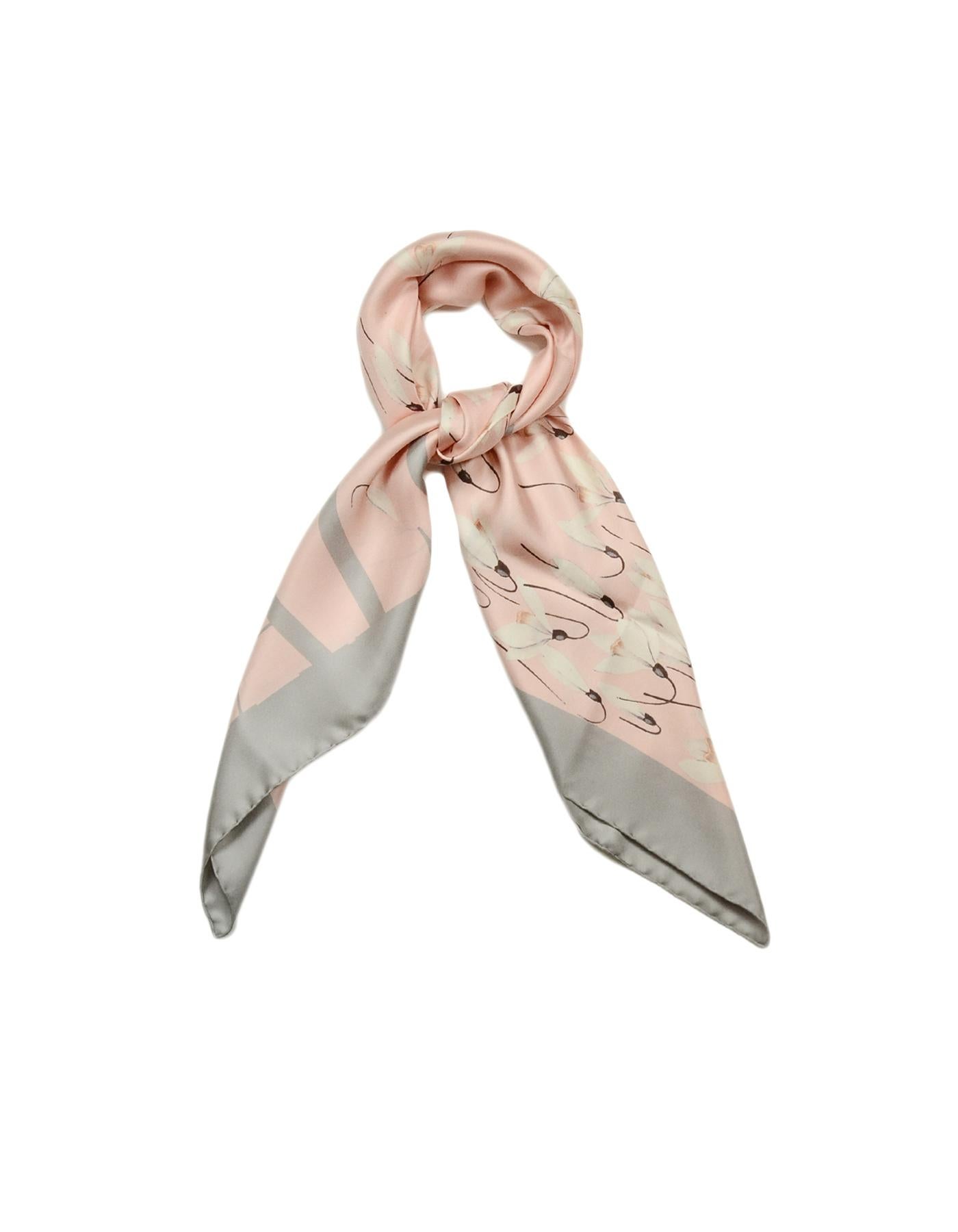 Valentino Pink Grey Silk Scarf w/ Snowdrop Flower Print 

Made In: Italy
Color: Pink/Grey 
Materials: 100% Silk 
Overall Condition: Excellent pre-owned condition
Estimated Retail: $450 + tax
Includes: Box, Original Tag

Measurements:  
34