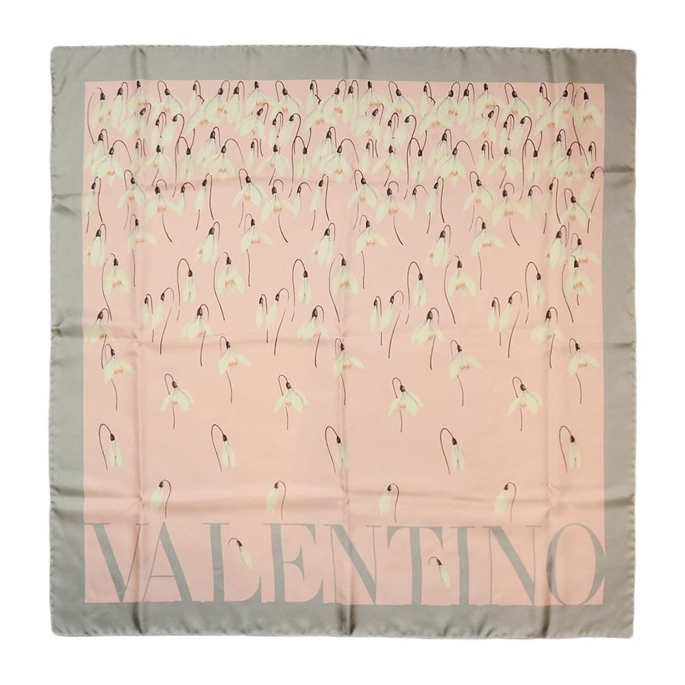 Valentino Pink Grey Silk Scarf w/ Snowdrop Flower Print 