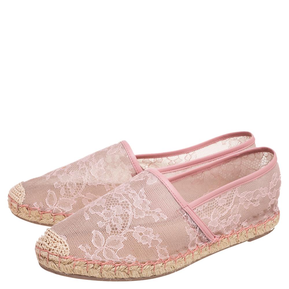 Beige Valentino Pink Lace and Leather Trim Flat Espadrilles Size 40