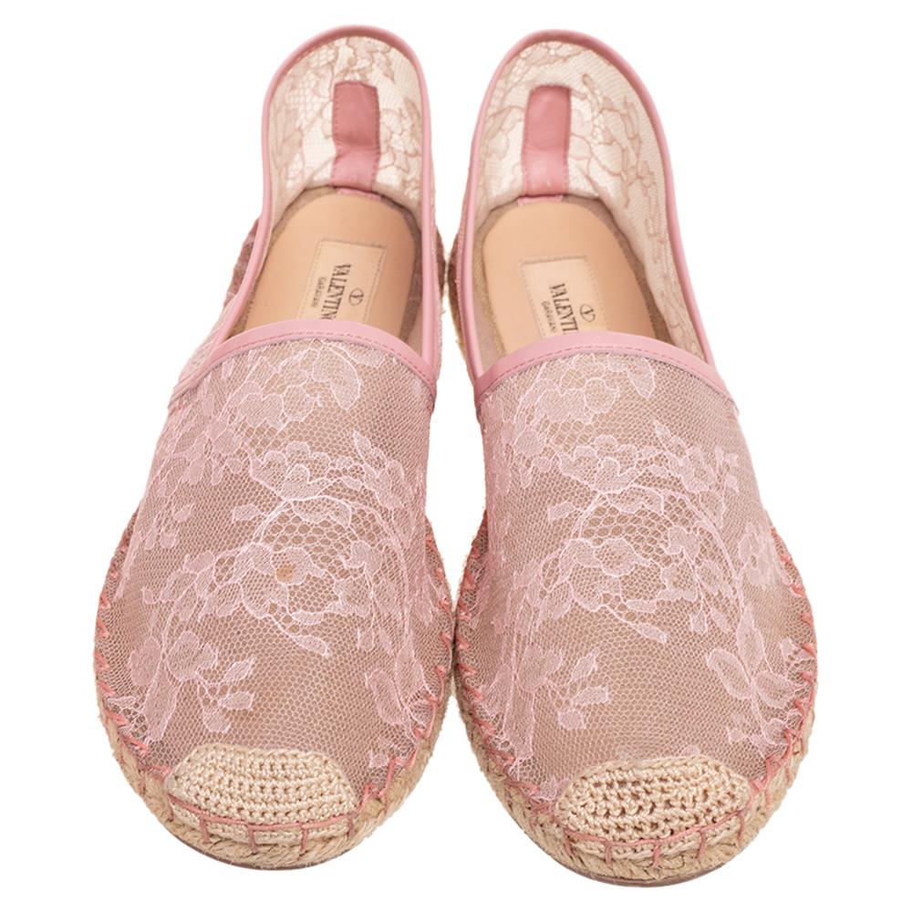 Women's Valentino Pink Lace and Leather Trim Flat Espadrilles Size 40