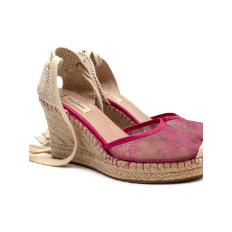 Valentino Pink Lace Espadrille Wedge Sandals

- Lace toe
- Woven heel
- Self-tie ankle fastening
- Jute platform sole
- Leathered and branded insoles

Material
Jute, Cotton and Mesh

Made in Italy

9.5/10 Excellent condition

PLEASE NOTE, THESE