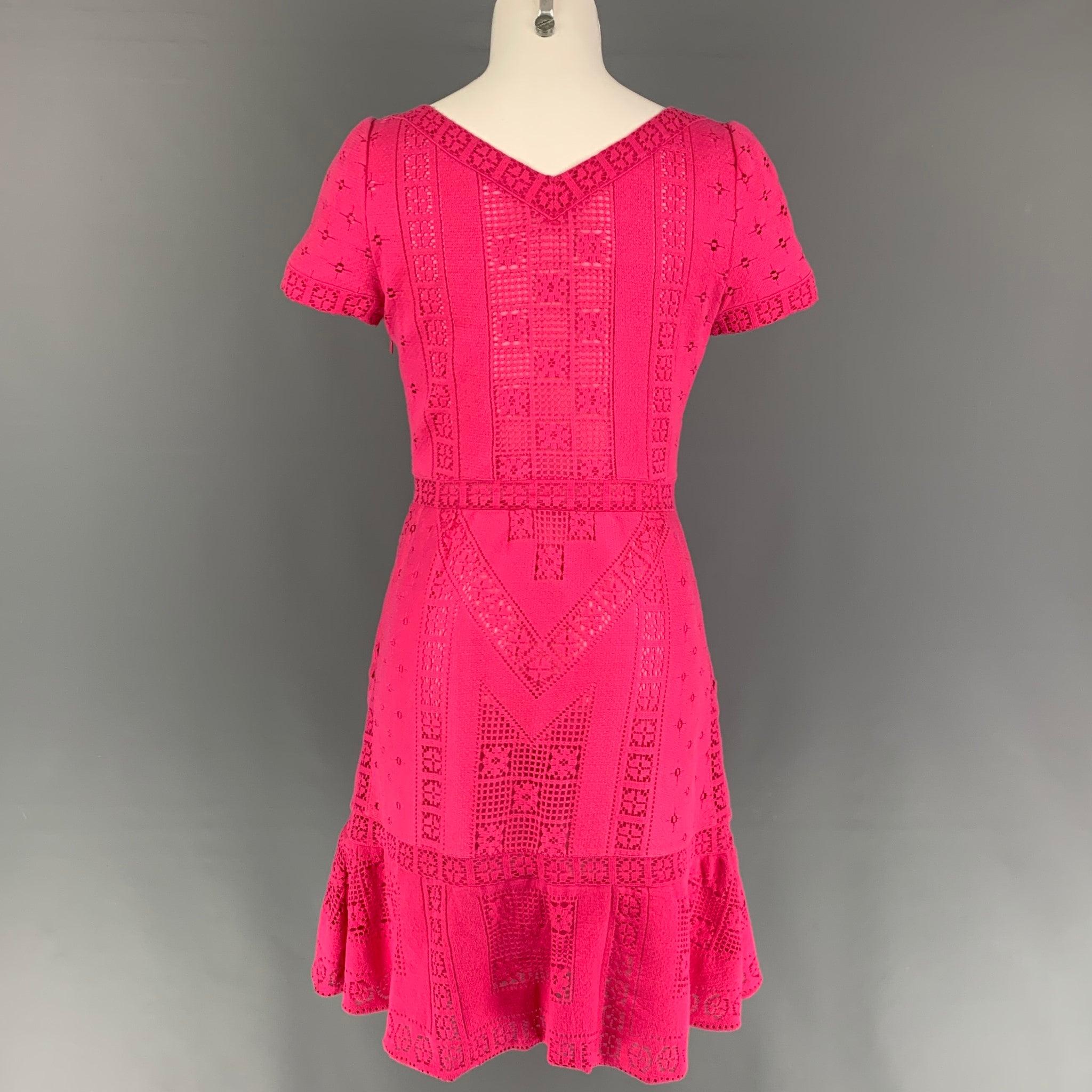 VALENTINO Pink Lace Size 8 Cotton Nylon Short Sleeve Dress In Good Condition For Sale In San Francisco, CA