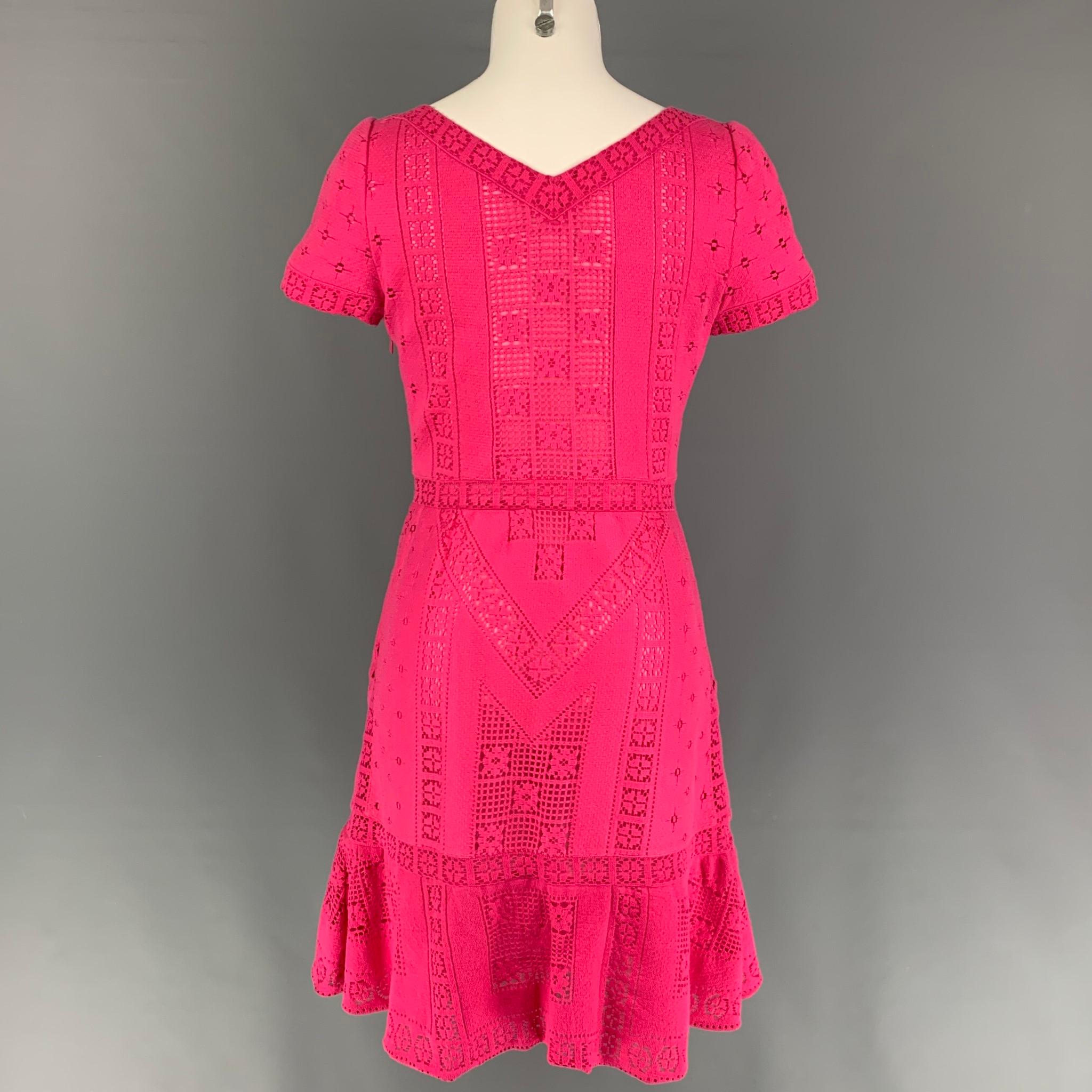 VALENTINO Pink Lace Size 8 Cotton Nylon Short Sleeve Dress In Good Condition In San Francisco, CA