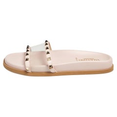 Valentino Pink Leather And PVC Rockstud Flat Slides Size 37