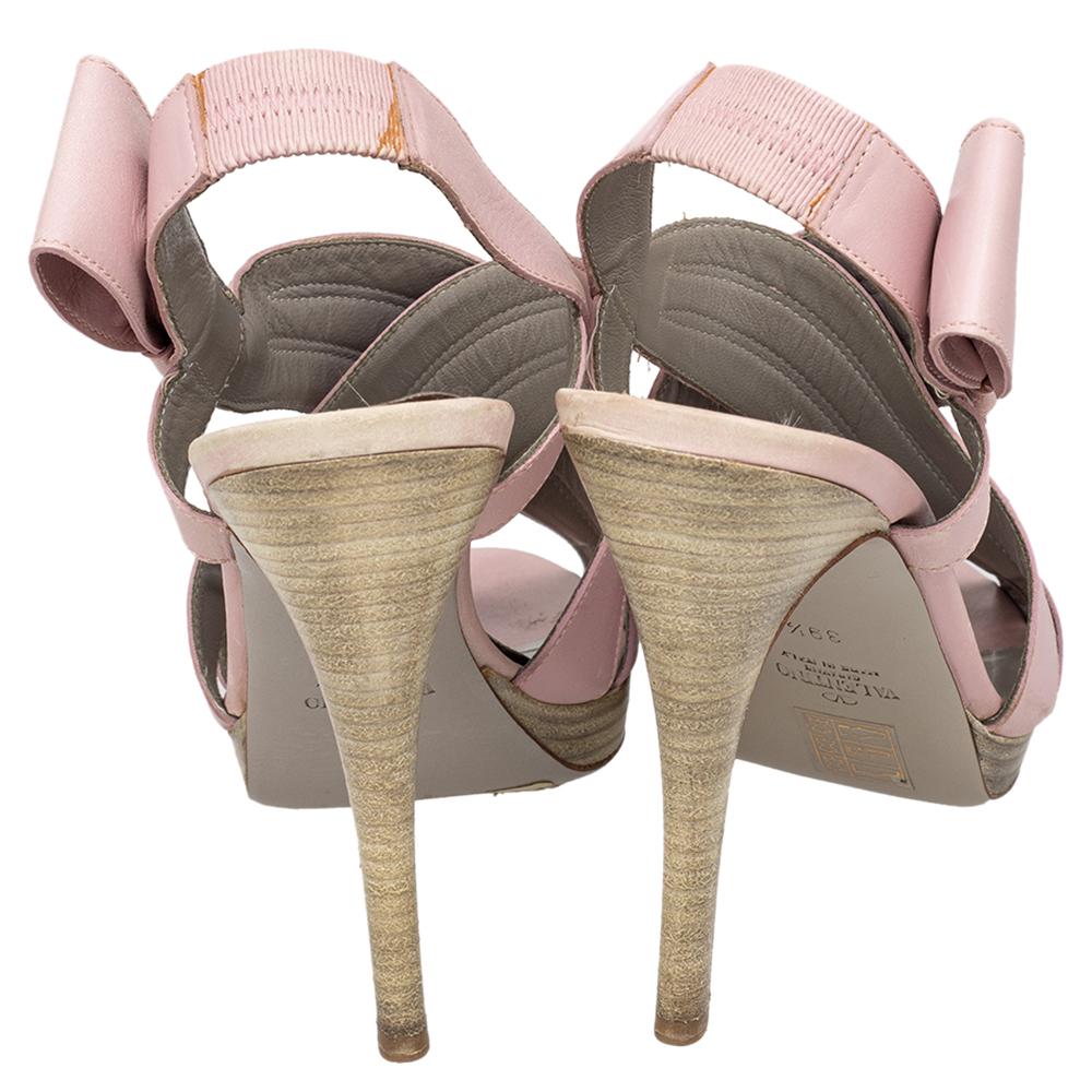 Beige Valentino Pink Leather Bow Peep Toe Slingback Sandals Size 39.5