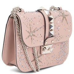 VALENTINO pink leather CRYSTAL EMBELLISHED GLAM LOCK SMALL FLAP Bag Powder