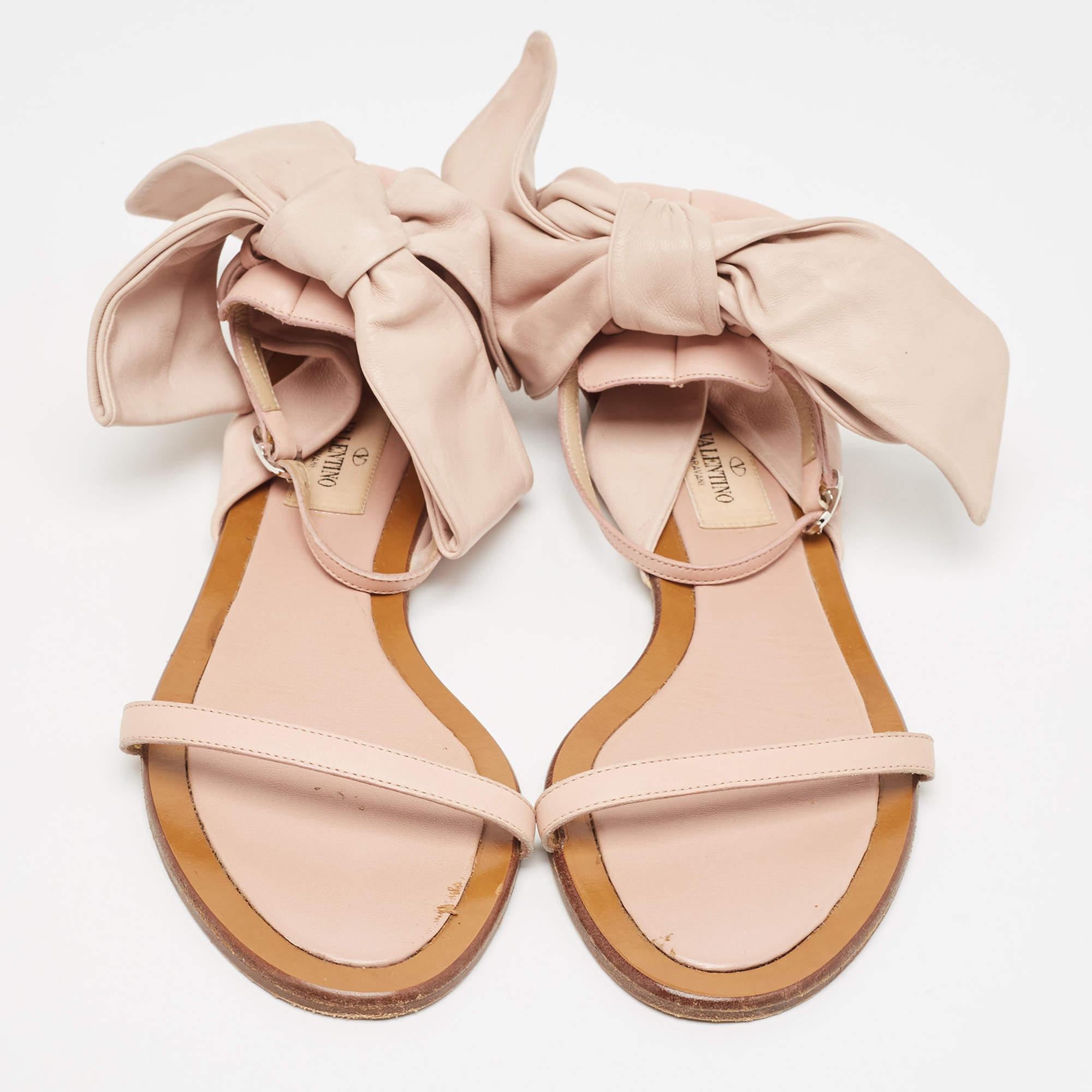 Beige Valentino Pink Leather LeatherAnkle Strap Flat Sandals Size 38