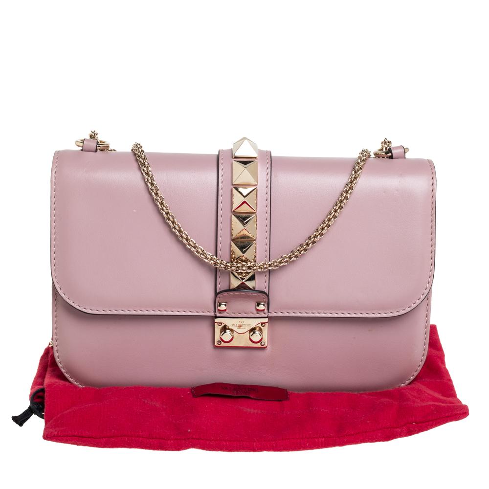Valentino Pink Leather Medium Rockstud Glam Lock Flap Bag 3