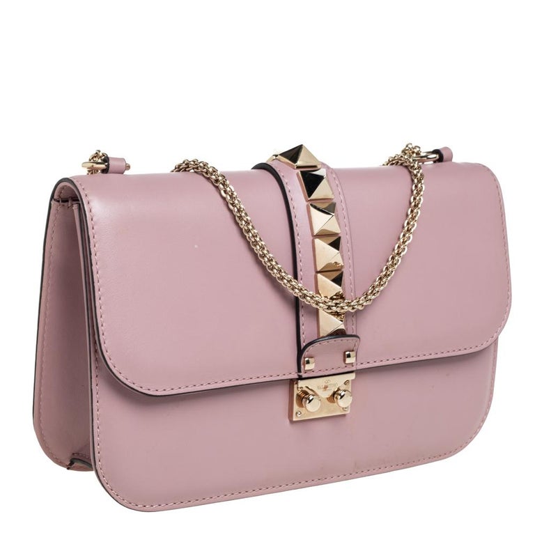 Valentino Garavani Rockstud Glam Lock Pink Small Crossbody Flap Calfskin  Bag Gold Chain