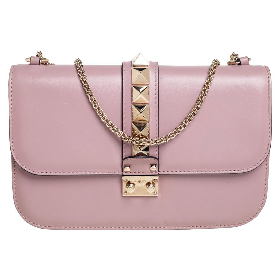 Valentino Pink Leather Medium Rockstud Glam Lock Flap Bag