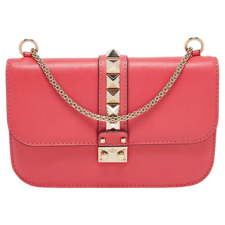 Valentino Pink Leather Medium Rockstud Glam Lock Flap Bag For Sale at