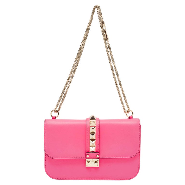 Valentino Pink/Beige Leather Medium Embellished Rockstud Glam Lock Flap Bag  Valentino