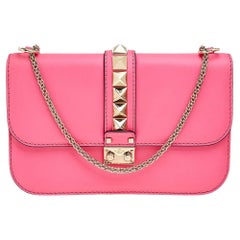 Valentino Pink Leather Medium Rockstud Glam Lock Flap Shoulder Bag