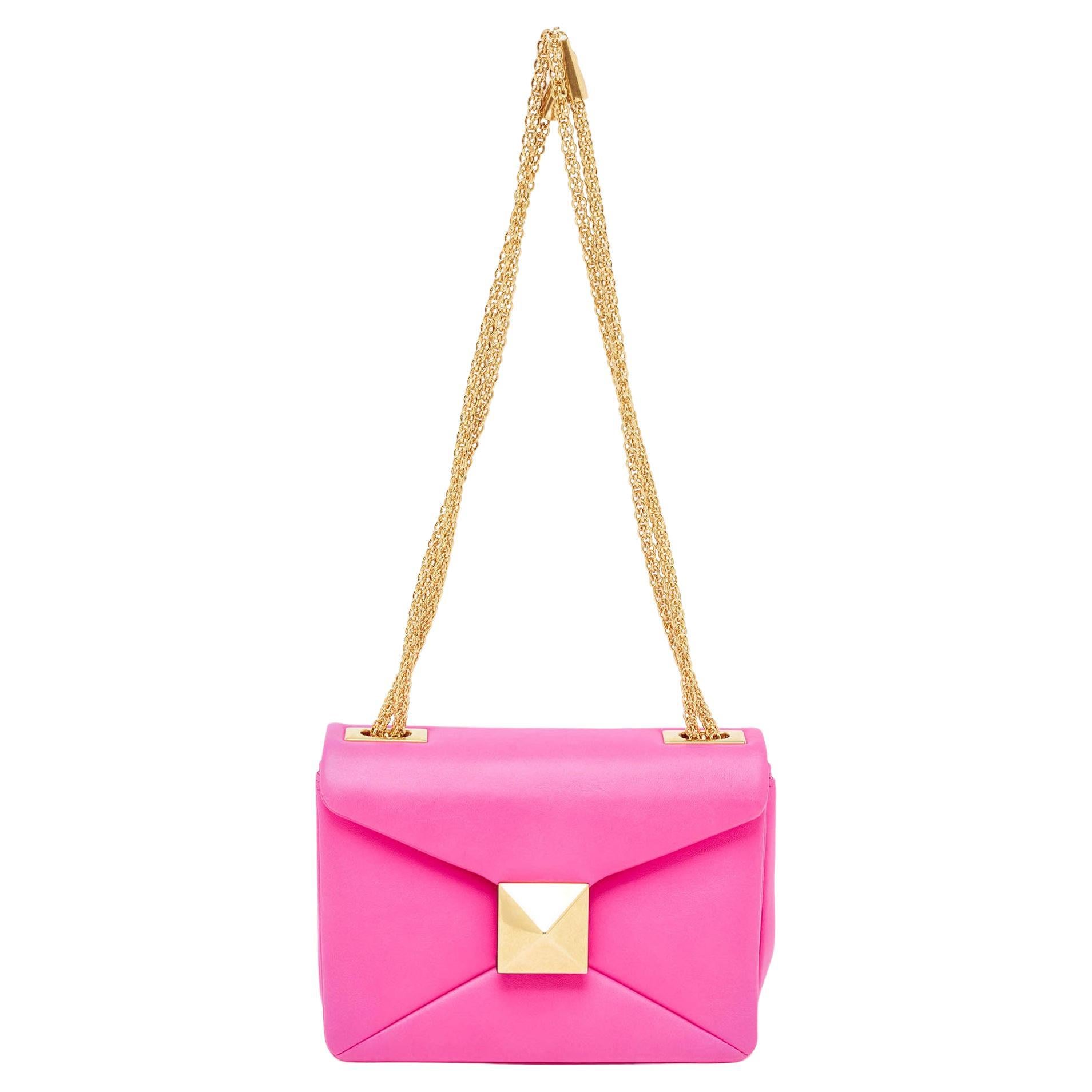 Valentino Pink Leather One Stud Flap Shoulder Bag For Sale