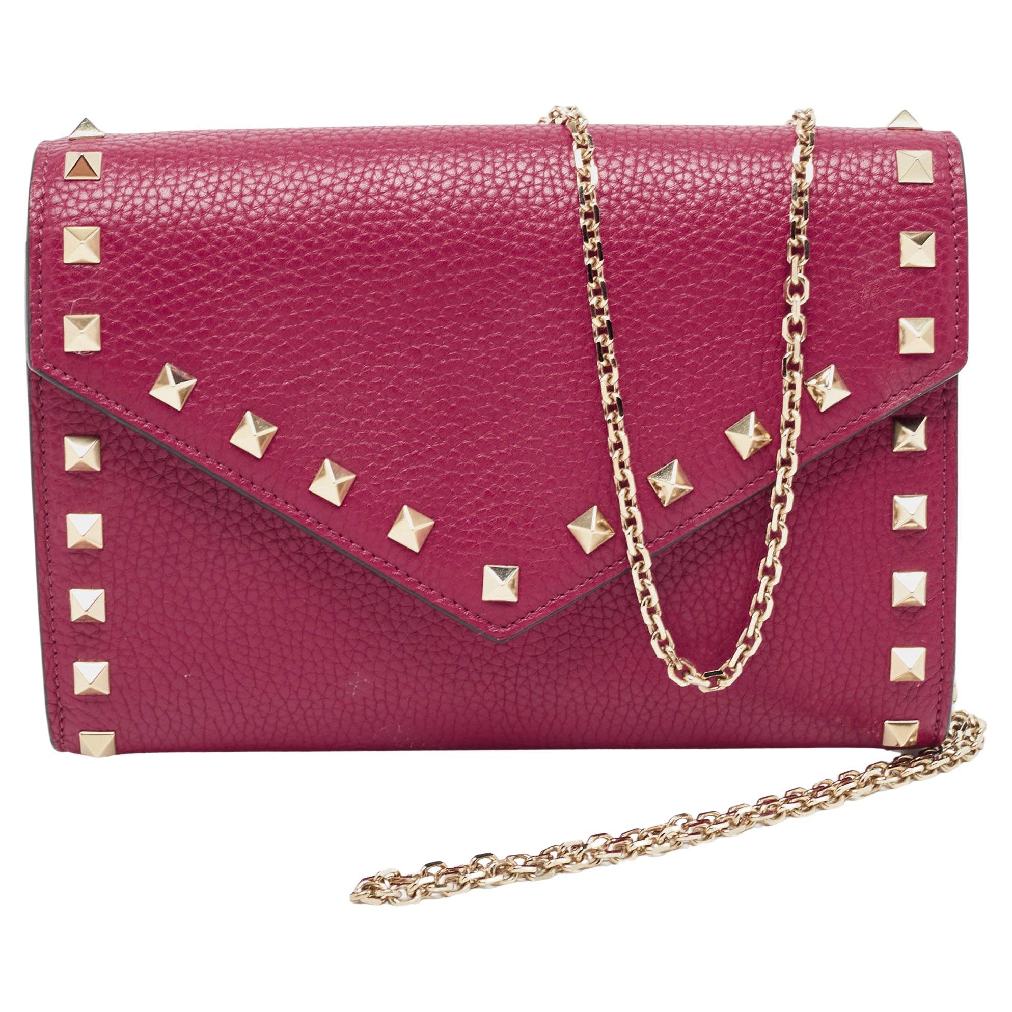 Valentino Pink Leather Rockstud Envelope Wallet on Chain