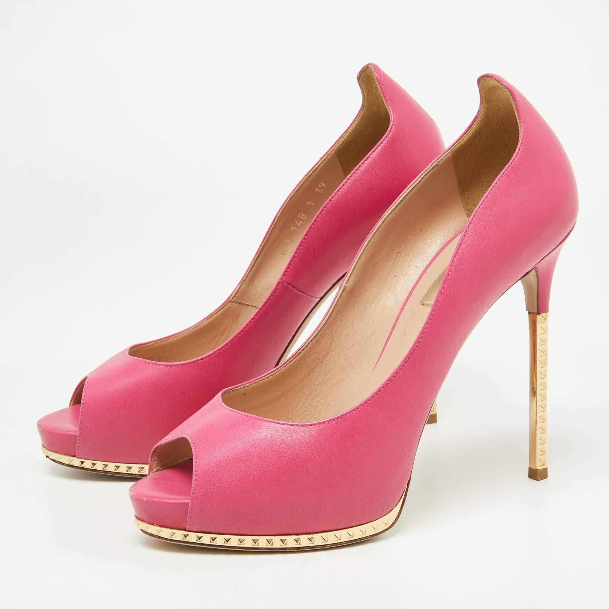 Valentino Pink Leather Rockstud Open Toe Pumps Size 39 For Sale 1