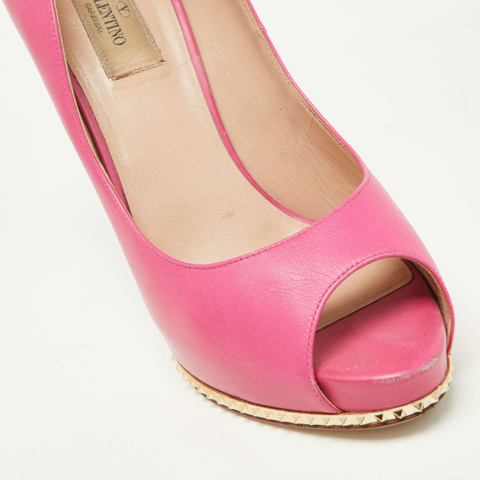 Valentino Pink Leather Rockstud Open Toe Pumps Size 39 For Sale 2
