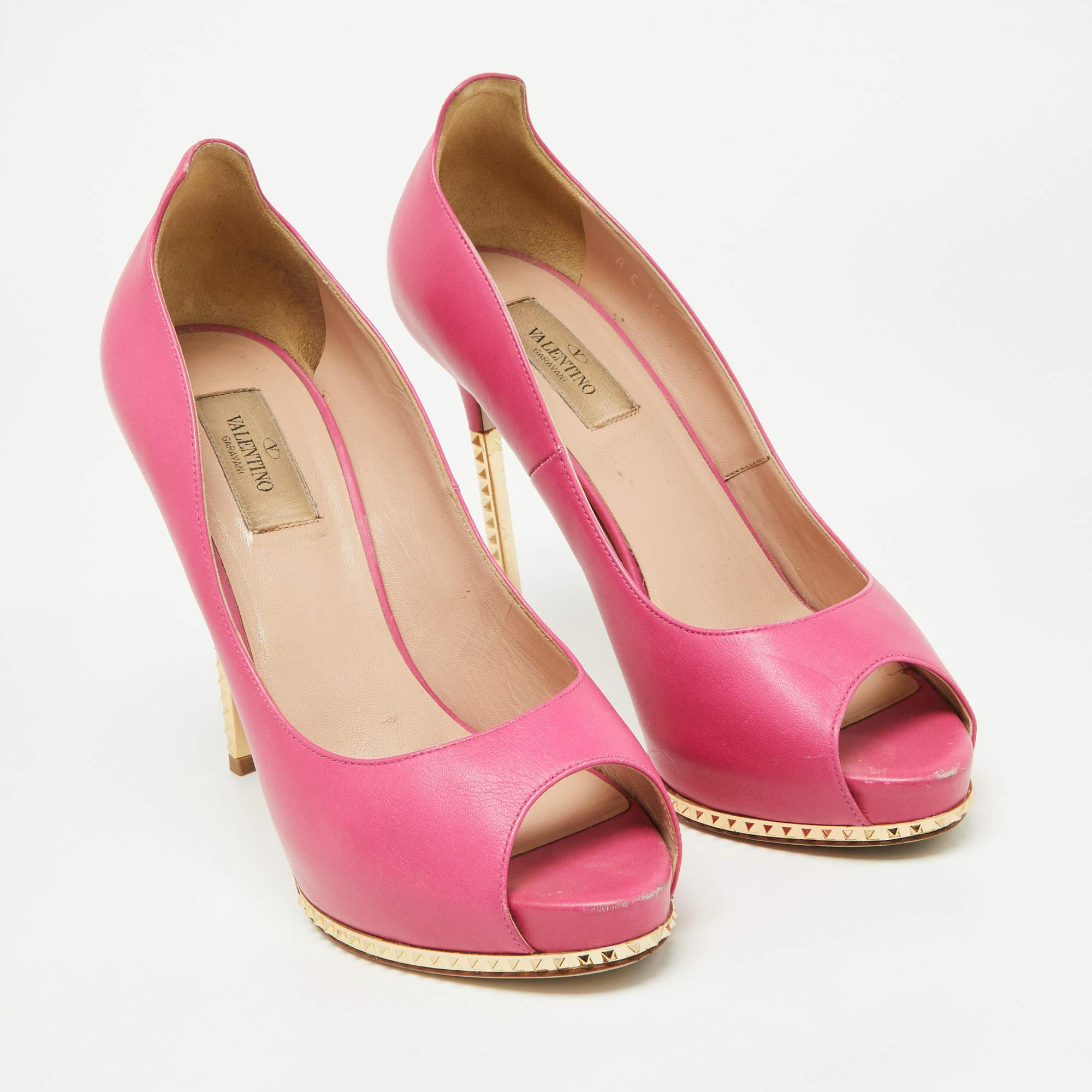 Valentino Pink Leather Rockstud Open Toe Pumps Size 39 For Sale 4