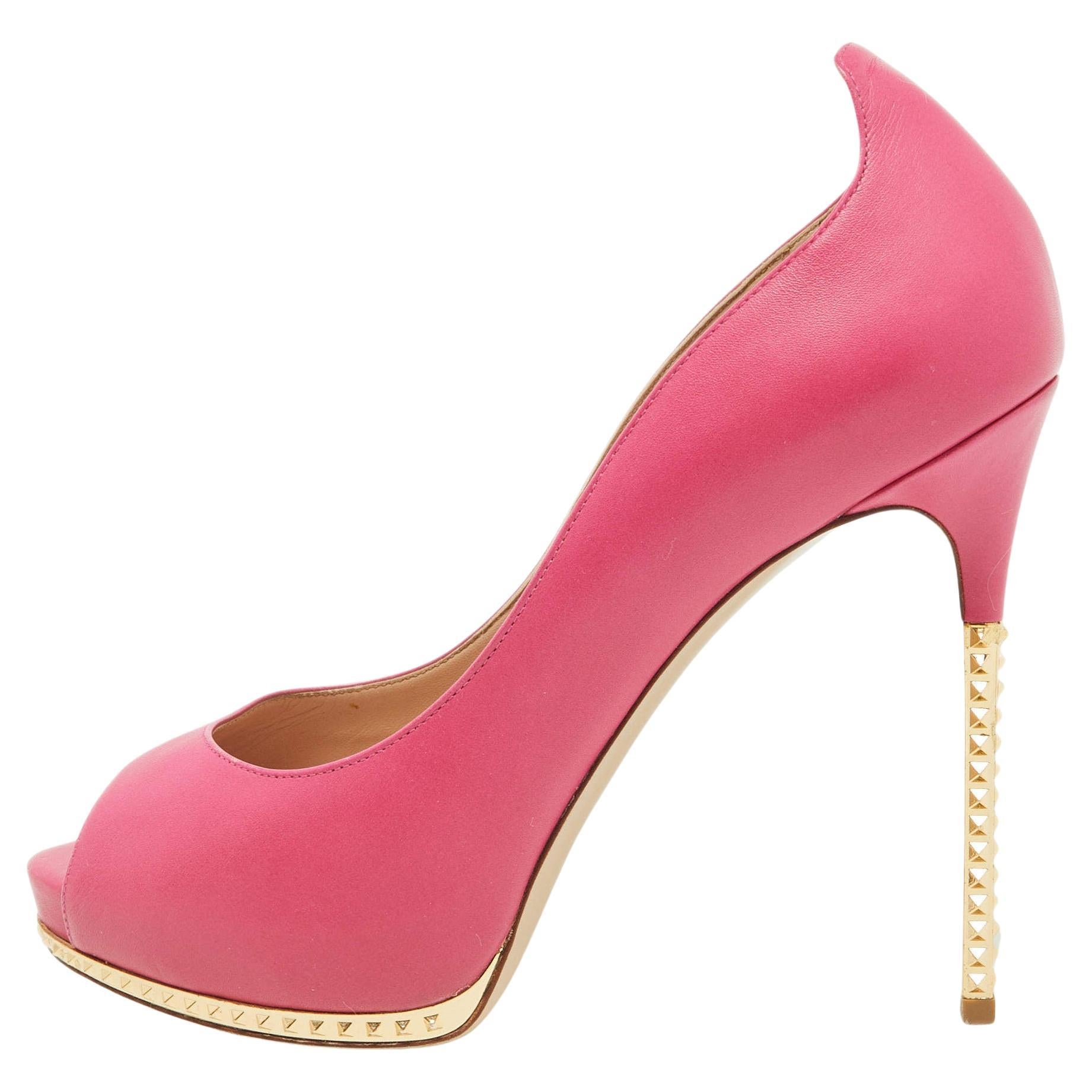 Valentino Pink Leather Rockstud Open Toe Pumps Size 39 For Sale