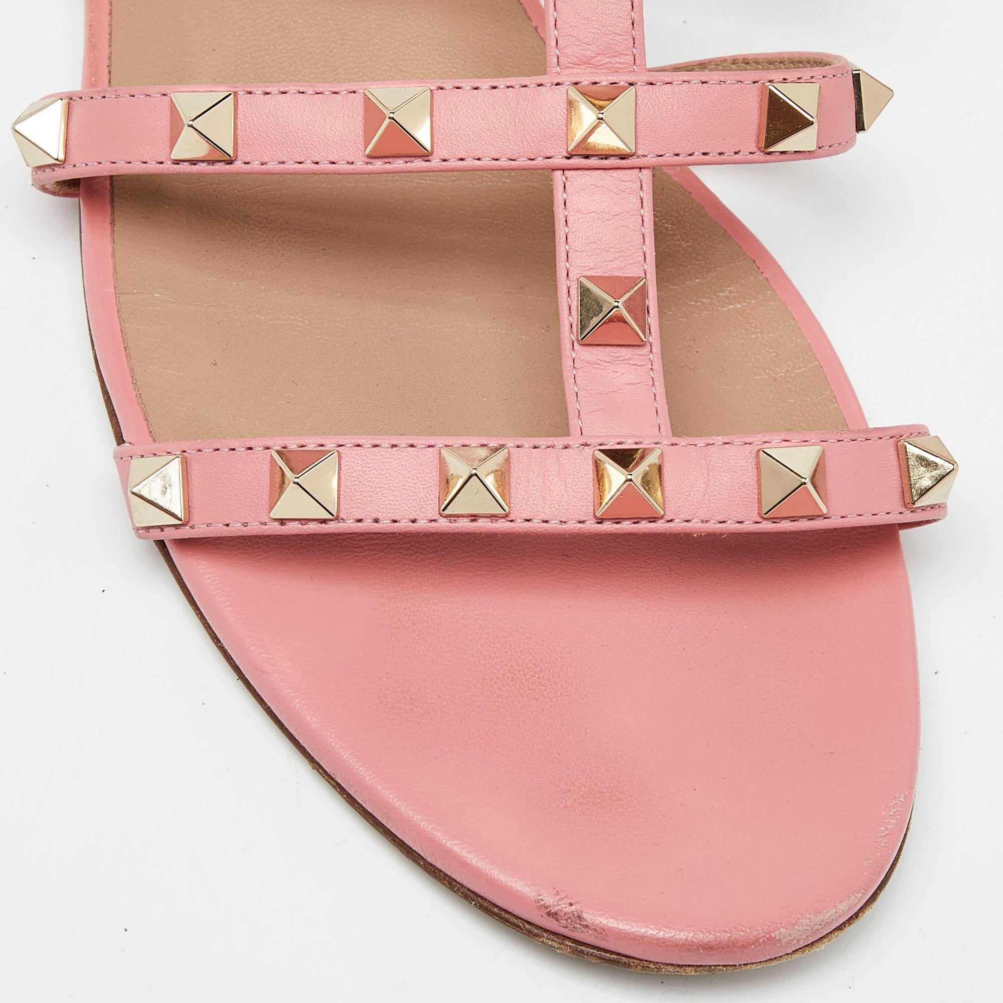 Women's Valentino Pink Leather Rockstud Slide Flats Size 40 For Sale