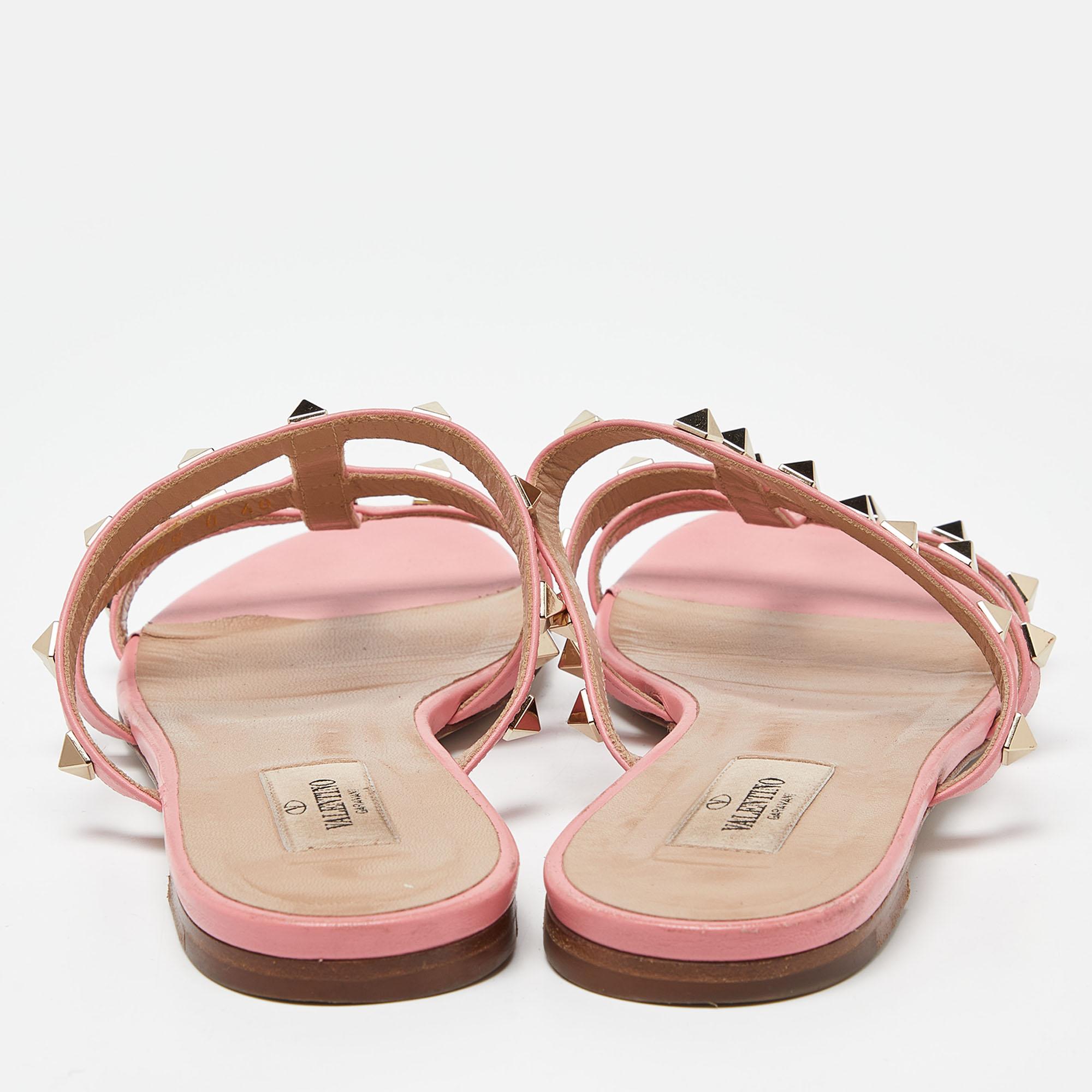 Valentino Pink Leather Rockstud Slide Flats Size 40 For Sale 3