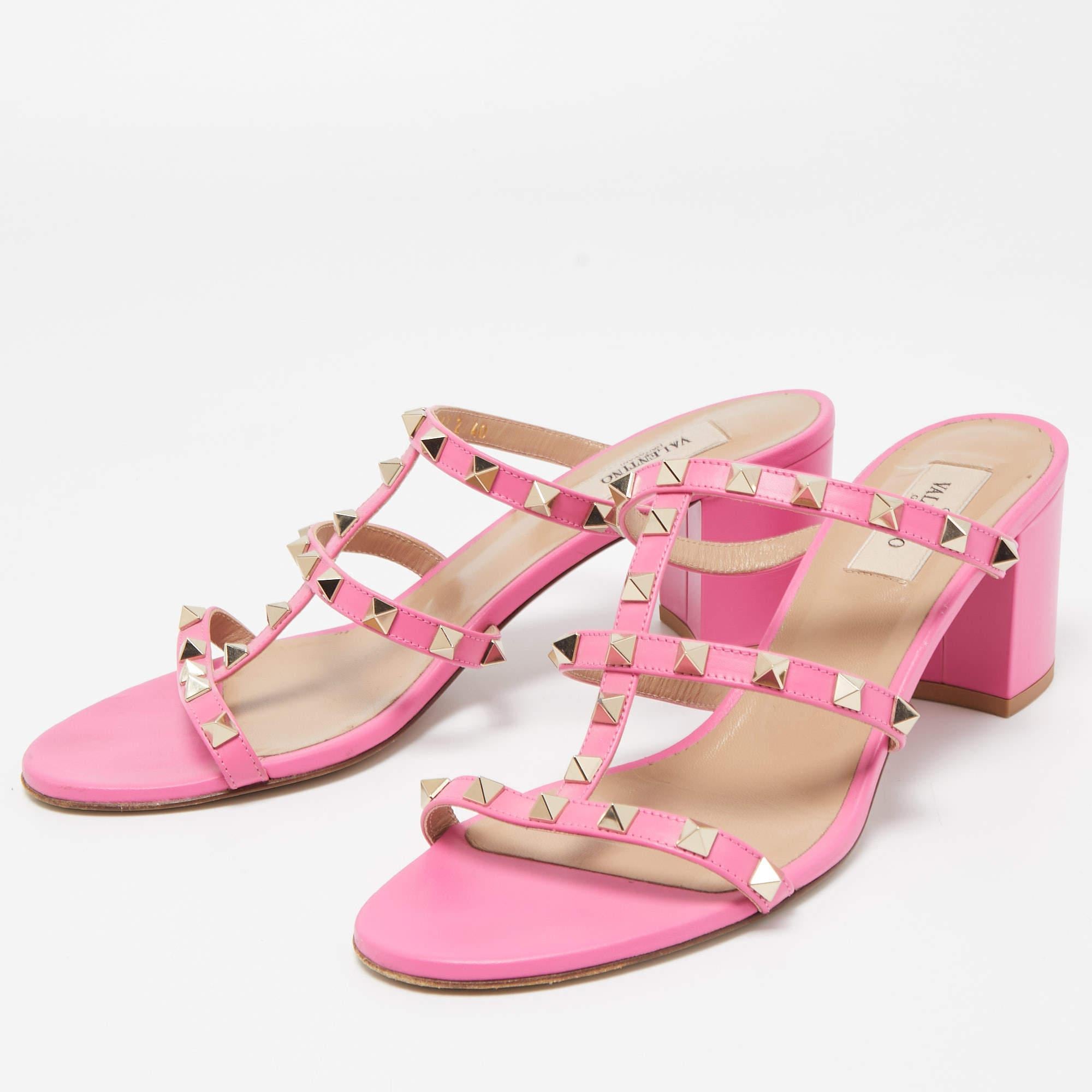 Women's Valentino Pink Leather Rockstud Slide Sandals Size 40