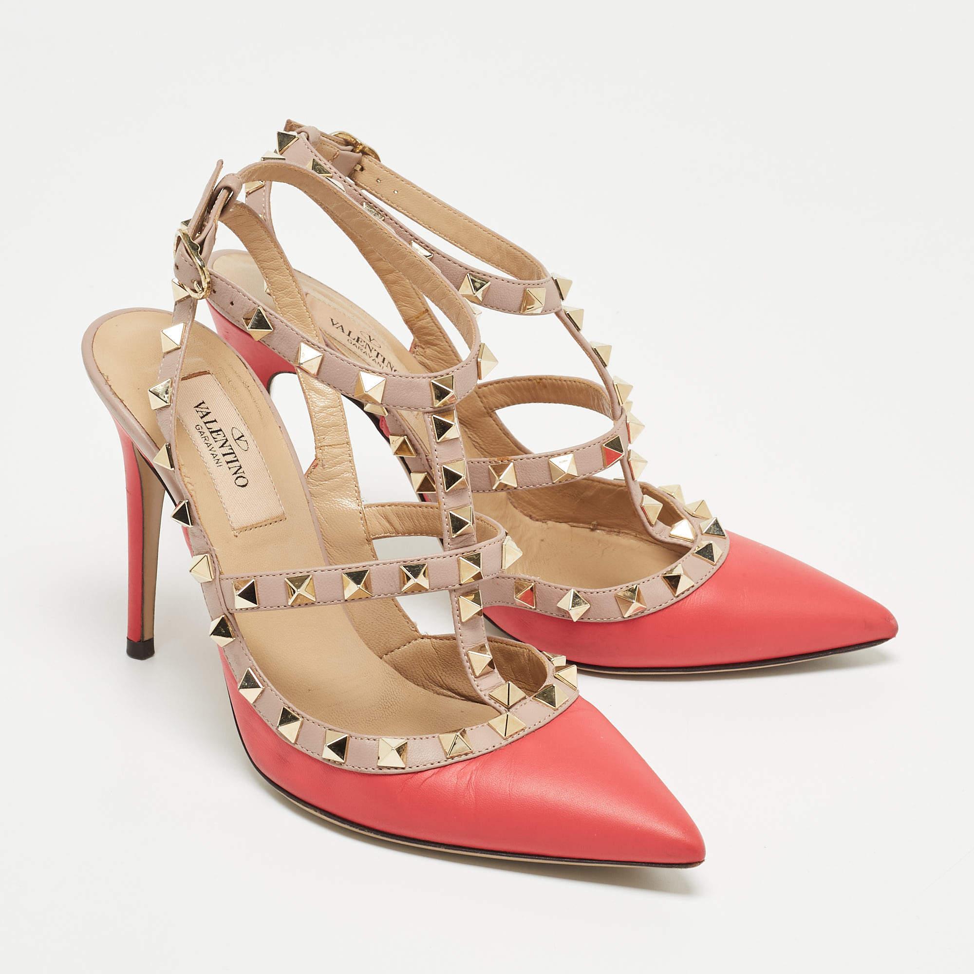 Women's Valentino Pink Leather Rockstud Strappy Pointed Toe Pumps 