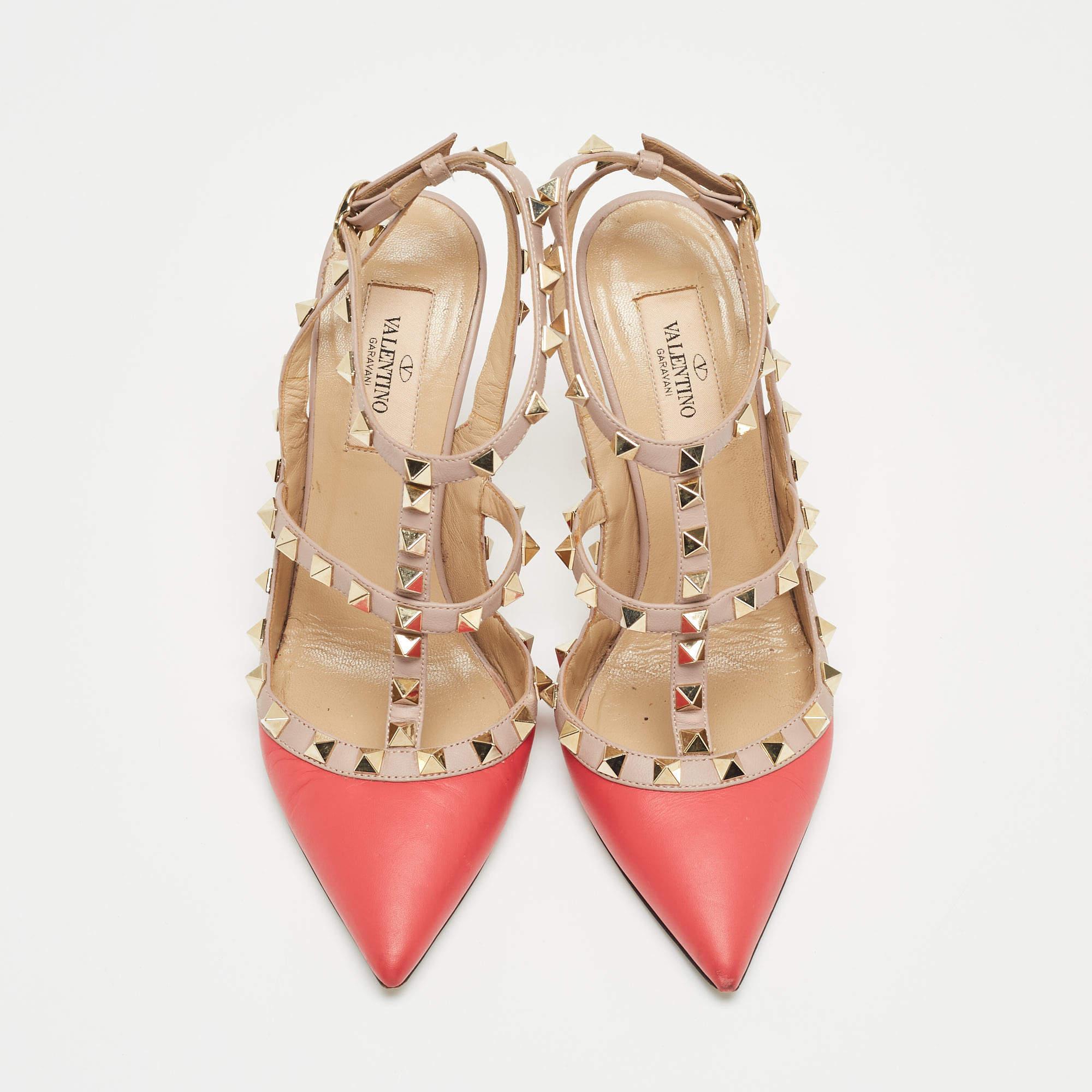 Valentino Pink Leather Rockstud Strappy Pointed Toe Pumps  1