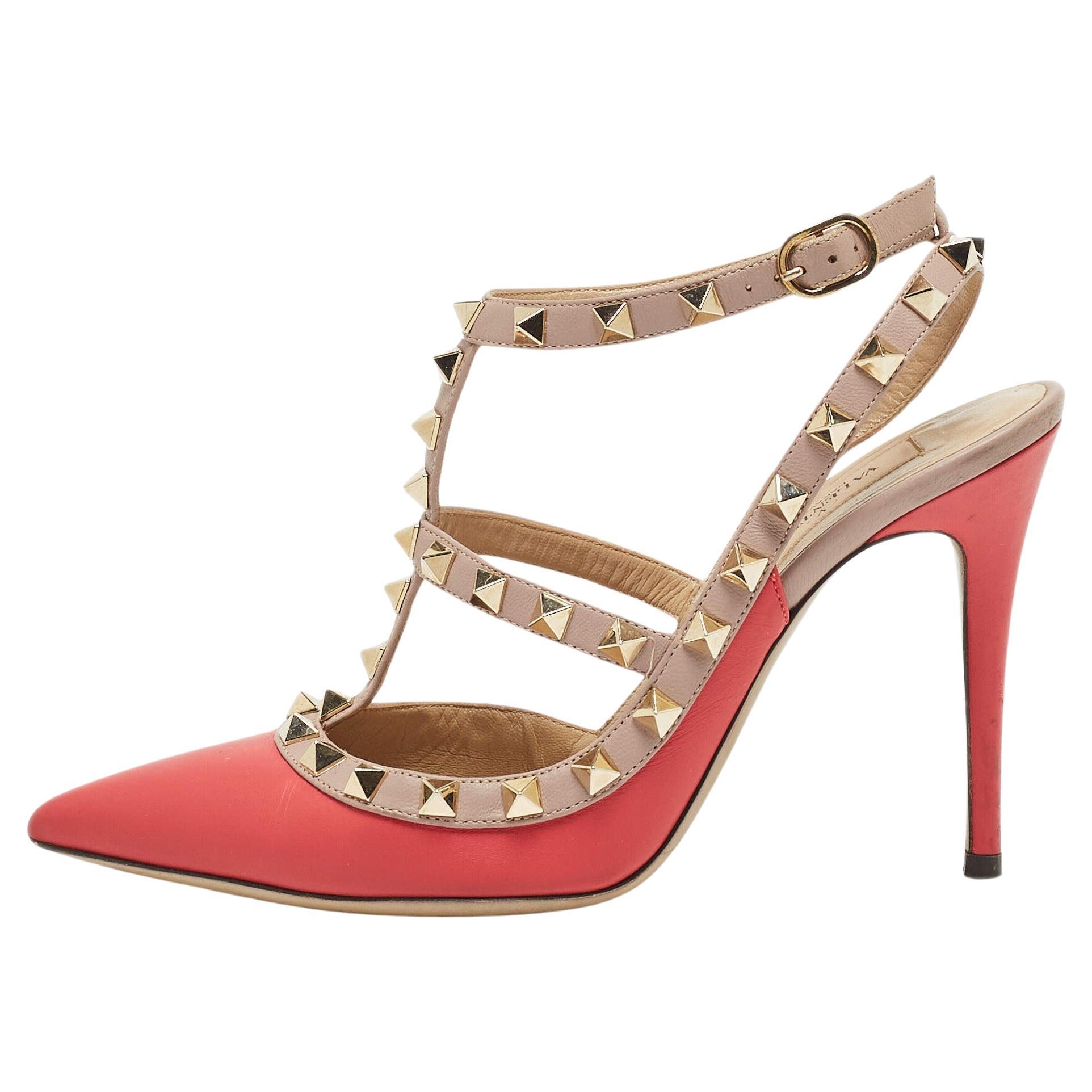 Valentino Pink Leather Rockstud Strappy Pointed Toe Pumps 