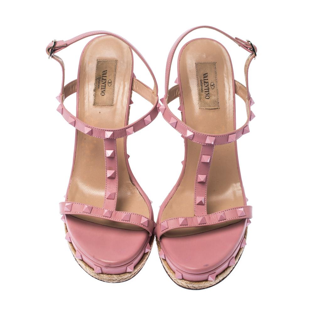 Brown Valentino Pink Leather Rockstud T Strap Espadrille Wedges Sandals Size 41