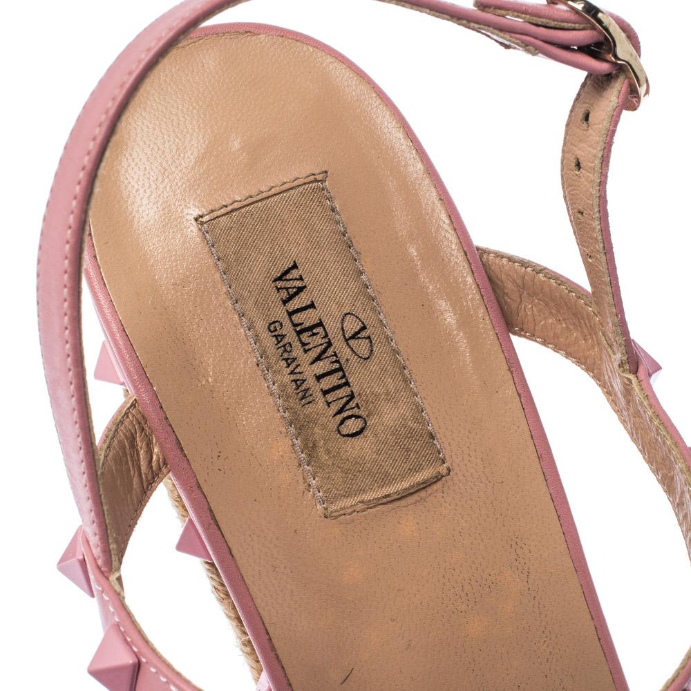 Women's Valentino Pink Leather Rockstud T Strap Espadrille Wedges Sandals Size 41