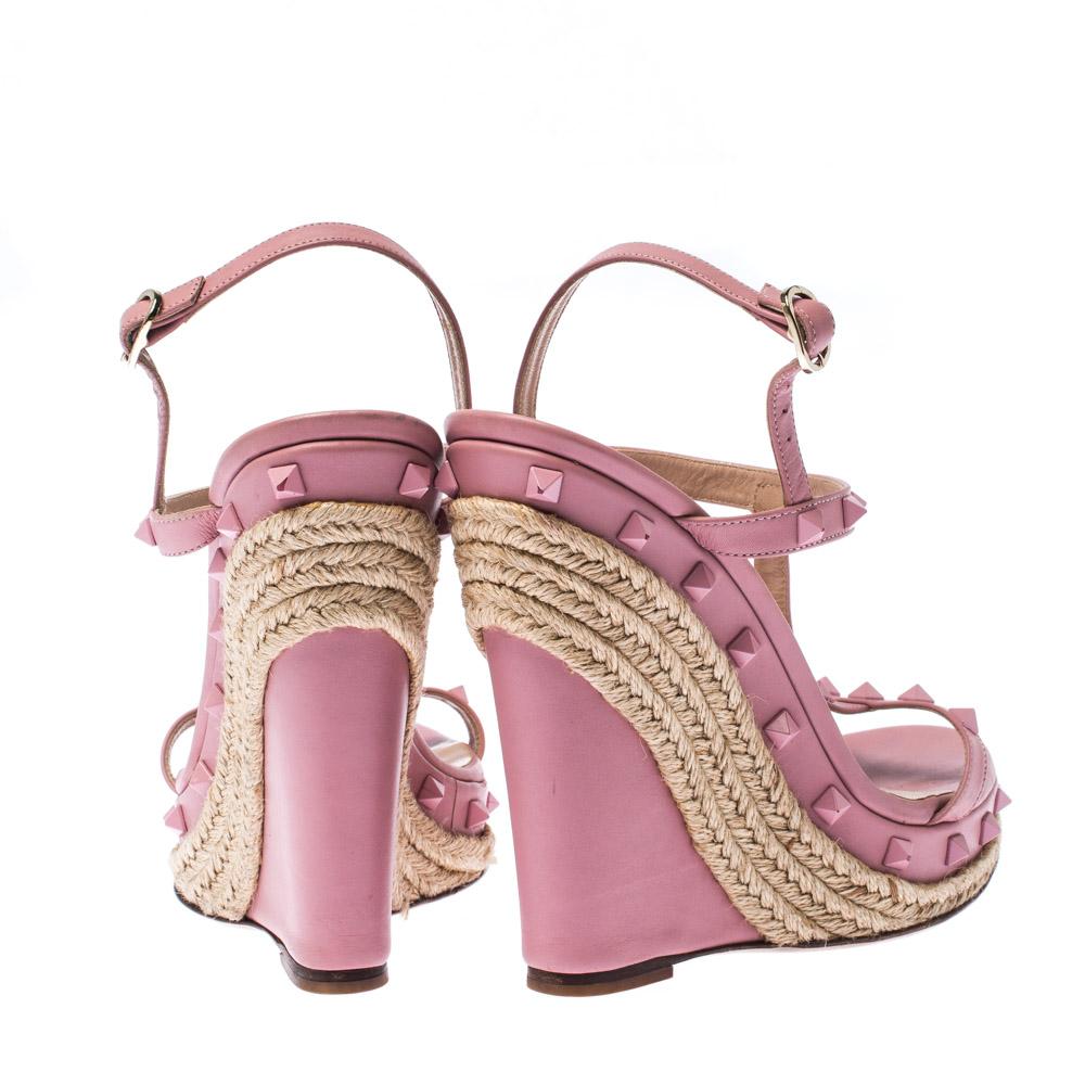 Valentino Pink Leather Rockstud T Strap Espadrille Wedges Sandals Size 41 1