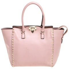 double handle pink Valentino Pink Leather Rockstud Trapeze Double Handle Bag