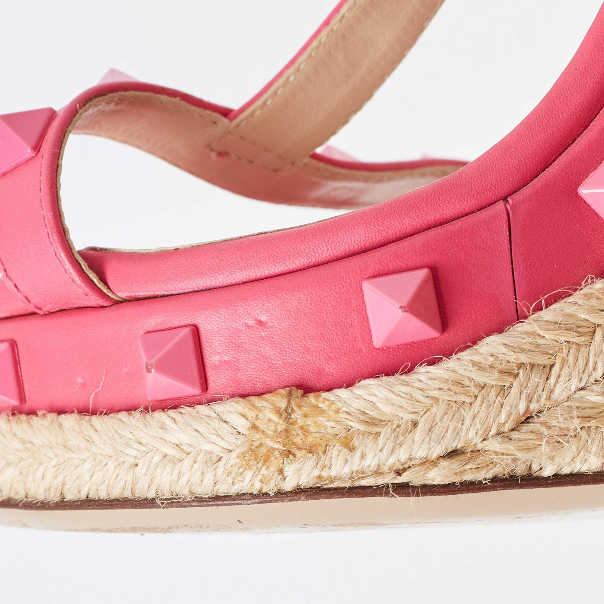 Valentino Pink Leather Rockstud Wedge Ankle Sandals Size 38.5 1