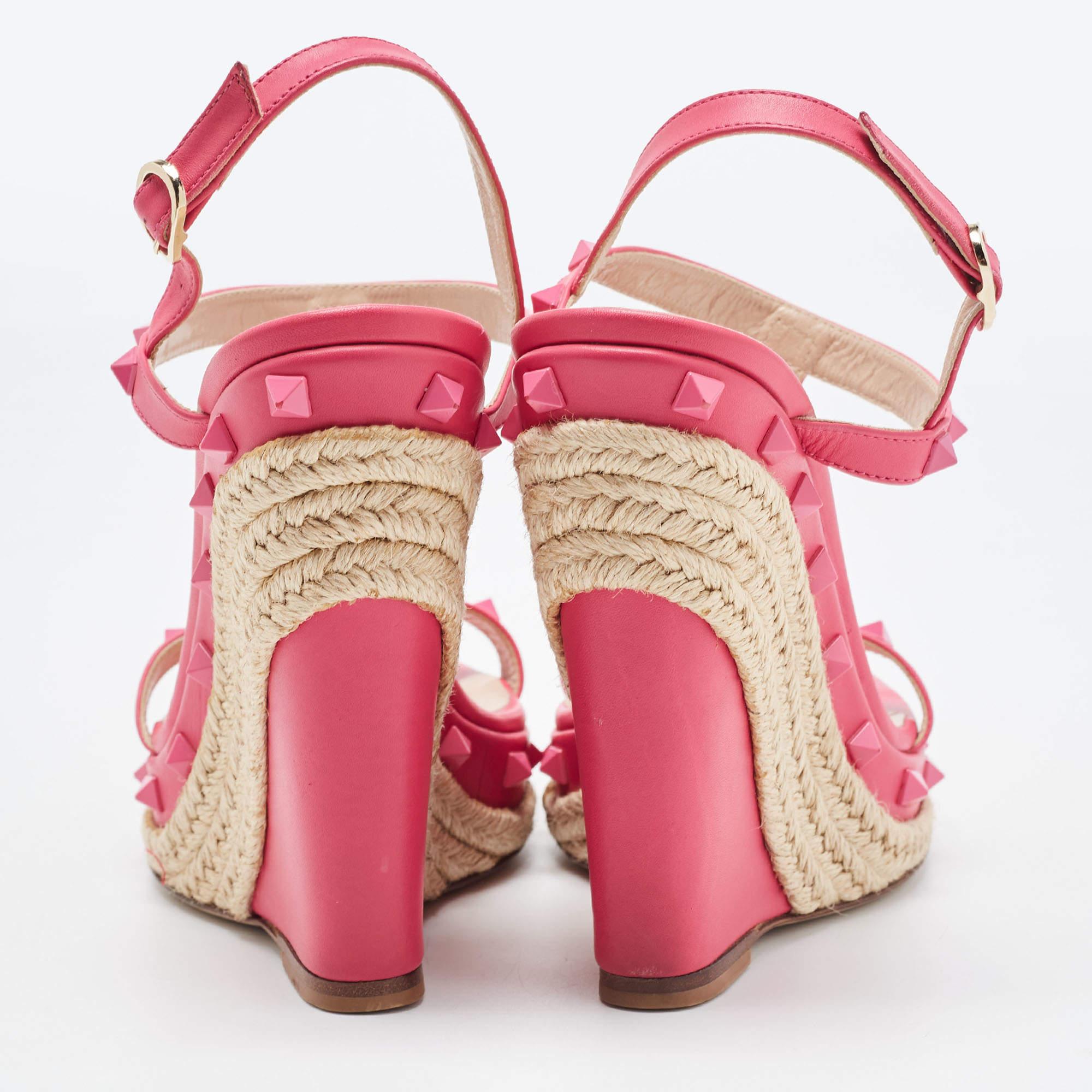 Valentino Pink Leather Rockstud Wedge Ankle Sandals Size 38.5 3