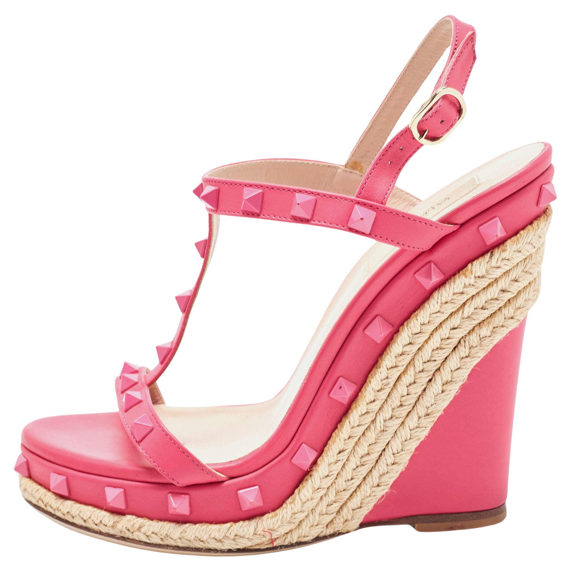 Valentino Pink Leather Rockstud Wedge Ankle Sandals Size 38.5