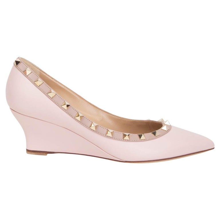 VALENTINO pink leather ROCKSTUD WEDGE Pumps Shoes 38.5 at 1stDibs